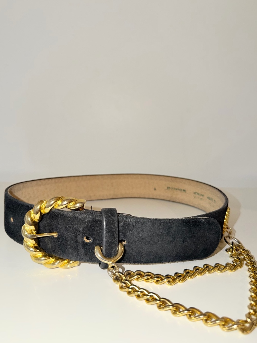 Vtg Rodier Black Genuine Leather Suede Belt with Gold Chain Accent, Sz S